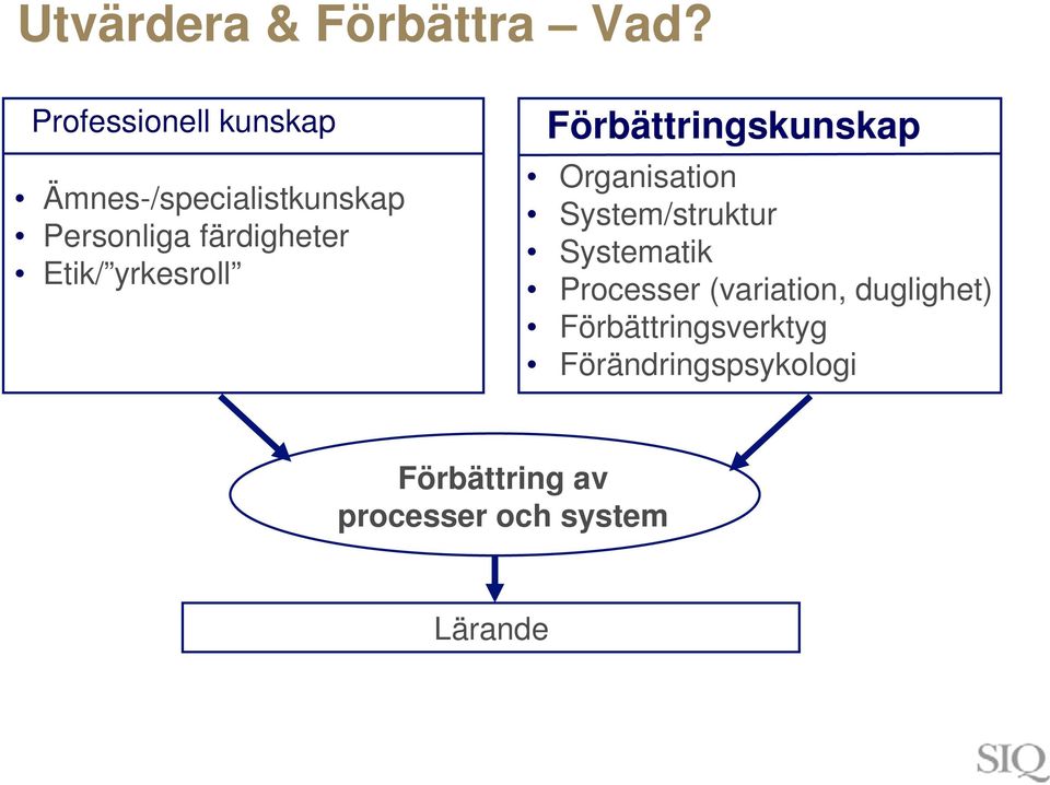 Etik/ yrkesroll Förbättringskunskap Organisation System/struktur