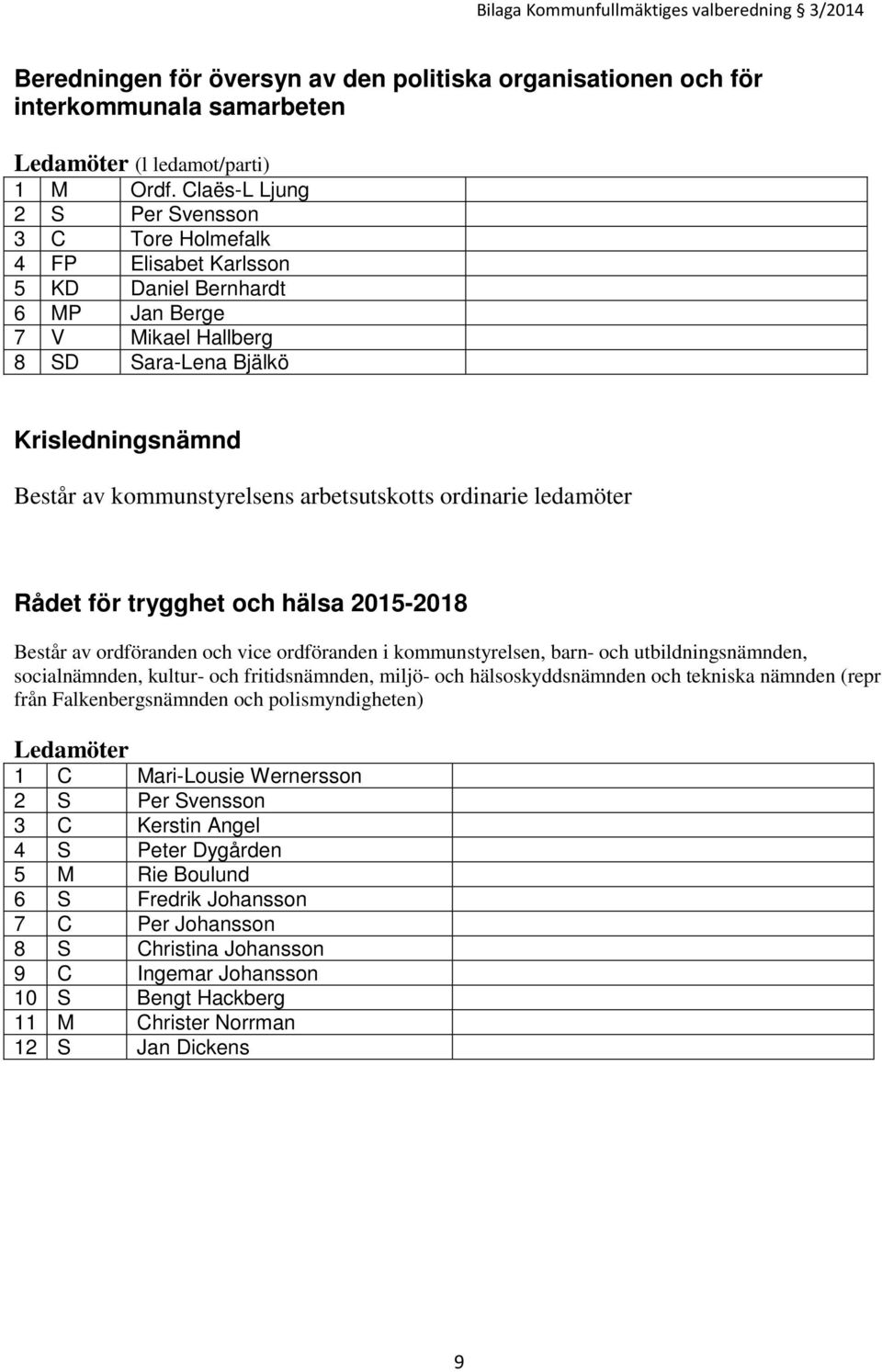 arbetsutskotts ordinarie ledamöter Rådet för trygghet och hälsa 2015-2018 Består av ordföranden och vice ordföranden i kommunstyrelsen, barn- och utbildningsnämnden, socialnämnden, kultur- och