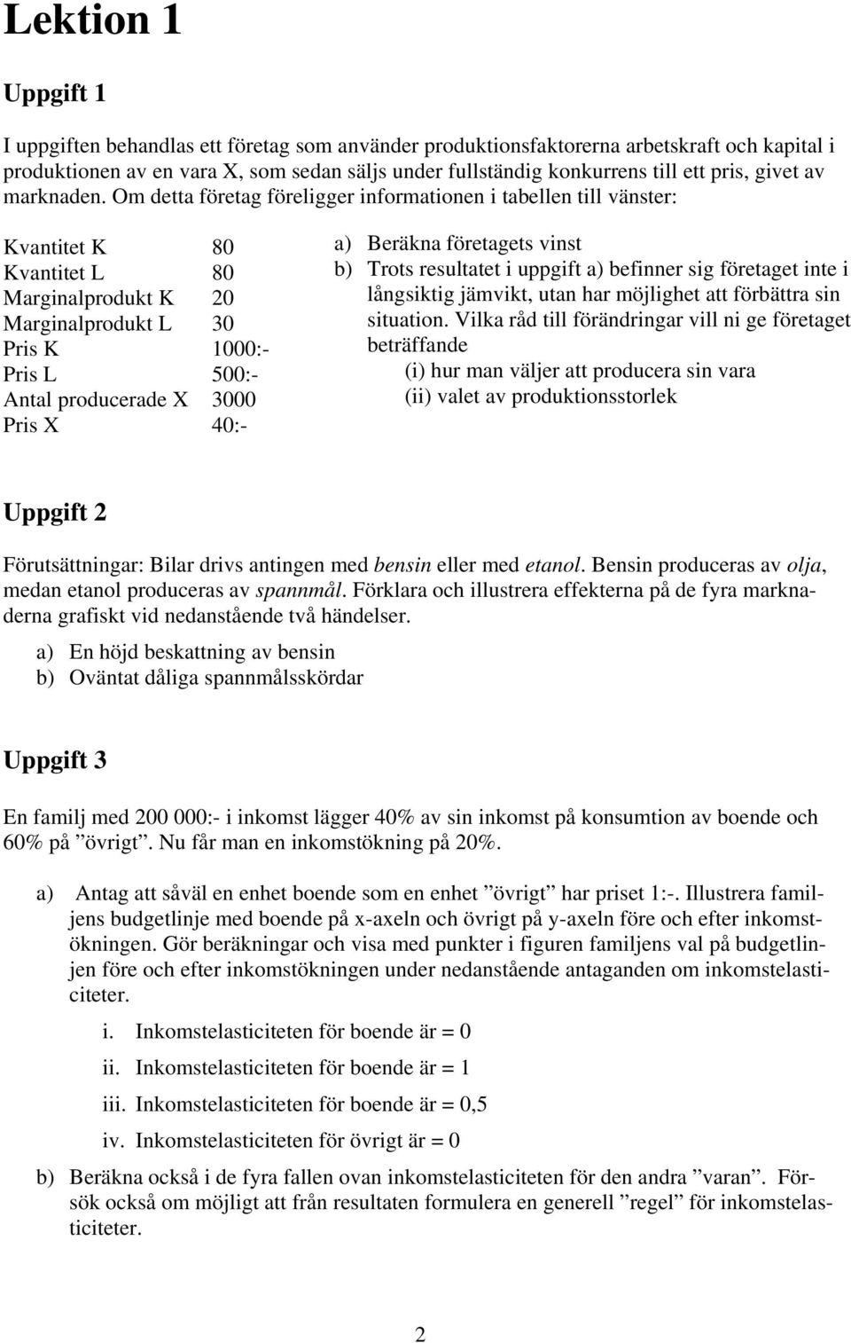 Om detta företag föreligger informationen i tabellen till vänster: Kvantitet K 80 Kvantitet L 80 Marginalprodukt K 20 Marginalprodukt L 30 Pris K 1000:- Pris L 500:- Antal producerade X 3000 Pris X