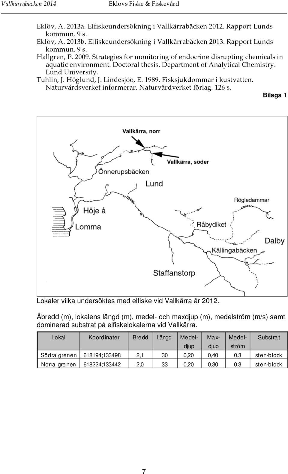 Fisksjukdommar i kustvatten. Naturvårdsverket informerar. Naturvårdverket förlag. 126 s. Bilaga 1 Lokaler vilka undersöktes med elfiske vid Vallkärra år 2012.