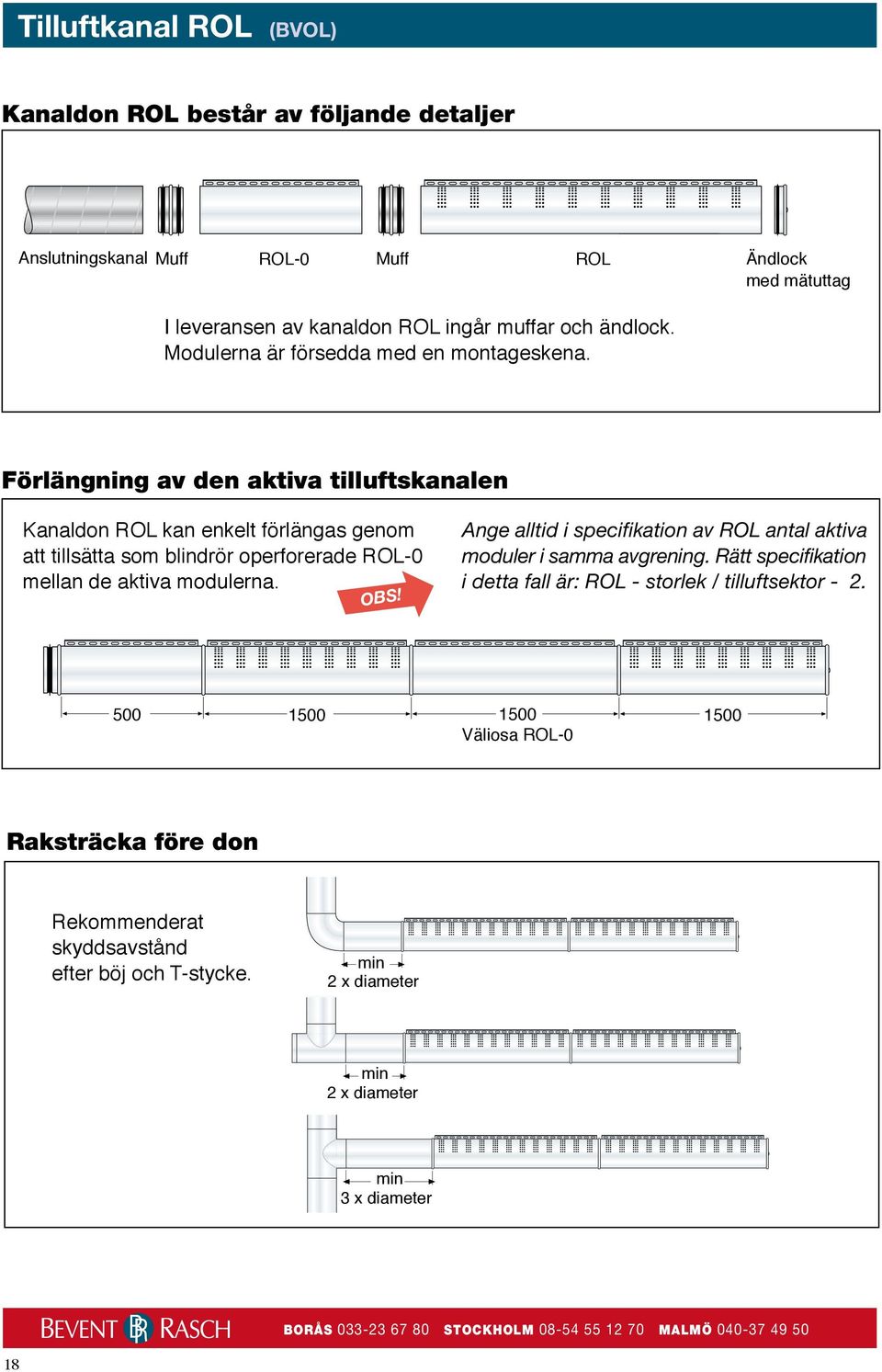 Förlängning av den aktiva tilluftskanalen Kanaldon ROL kan enkelt förlängas genom att tillsätta som blindrör operforerade ROL-0 mellan de aktiva modulerna. OBS!