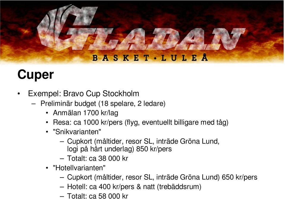 Gröna Lund, logi på hårt underlag) 850 kr/pers Totalt: ca 38 000 kr "Hotellvarianten" Cupkort (måltider,