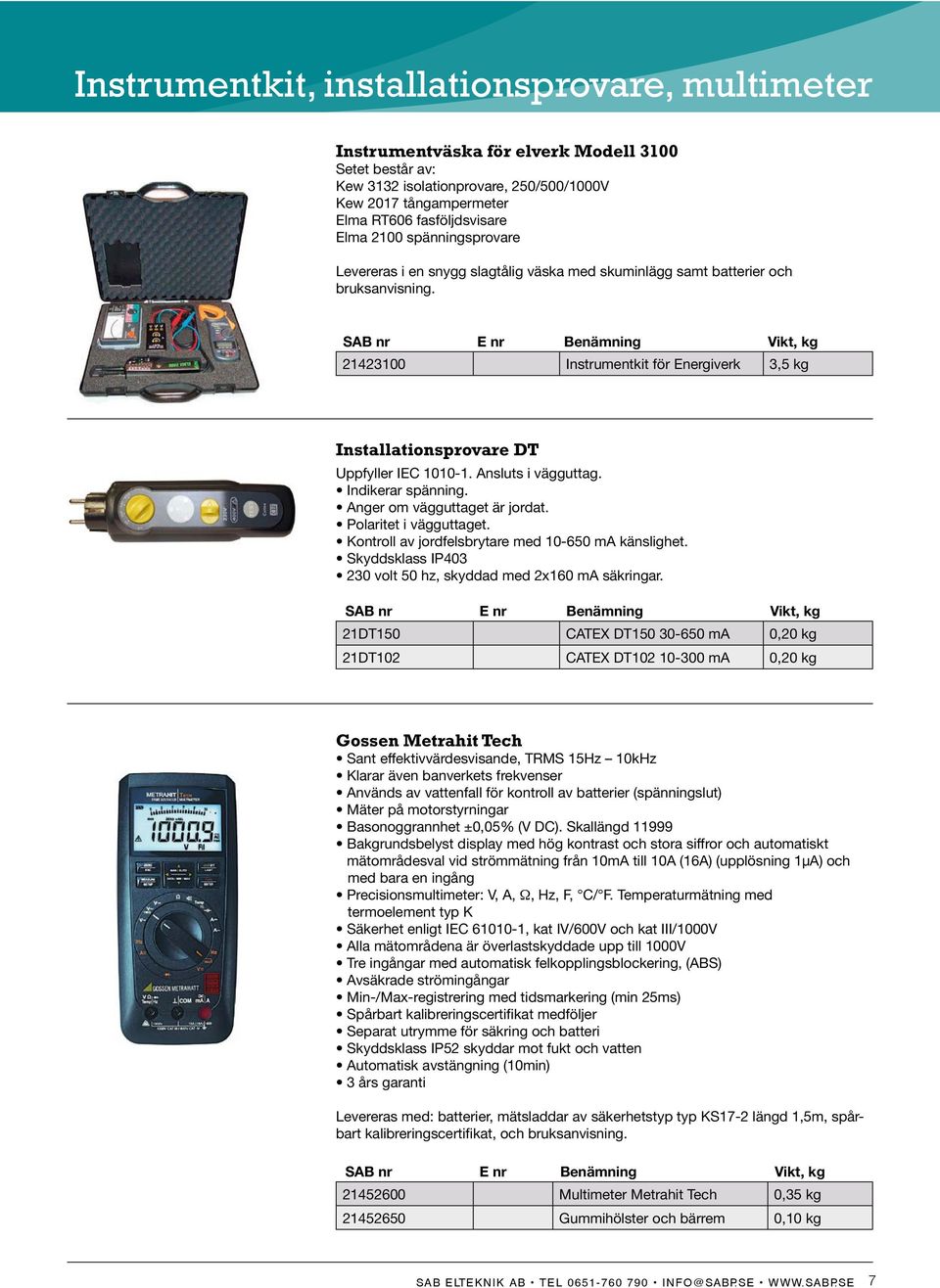 21423100 Instrumentkit för Energiverk 3,5 kg Installationsprovare DT Uppfyller IEC 1010-1. Ansluts i vägguttag. Indikerar spänning. Anger om vägguttaget är jordat. Polaritet i vägguttaget.