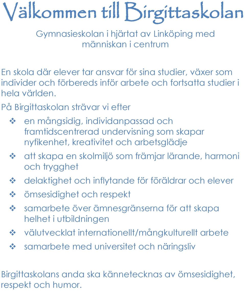 På Birgittaskolan strävar vi efter en mångsidig, individanpassad och framtidscentrerad undervisning som skapar nyfikenhet, kreativitet och arbetsglädje att skapa en skolmiljö som främjar