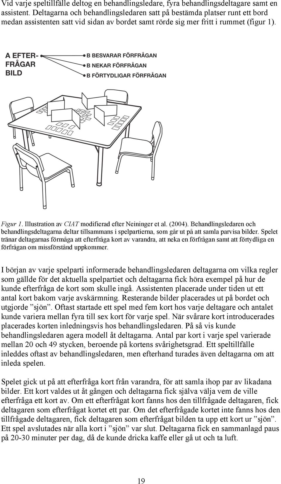 Illustration av CIAT modifierad efter Neininger et al. (2004). Behandlingsledaren och behandlingsdeltagarna deltar tillsammans i spelpartierna, som går ut på att samla parvisa bilder.