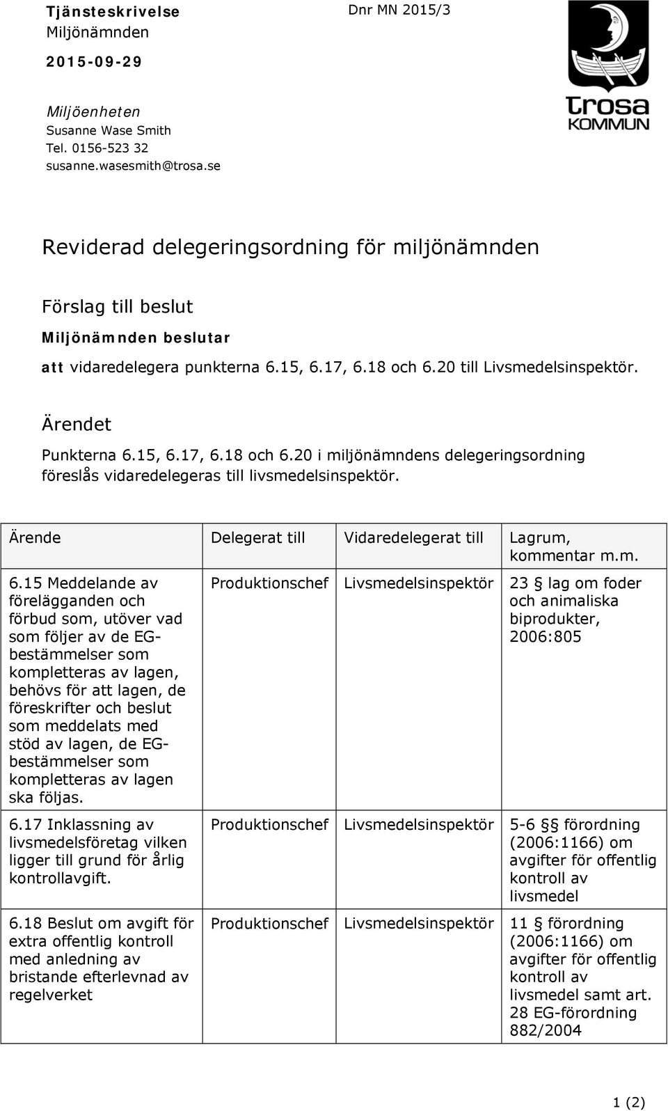 20 till Livsmedelsinspektör. Ärendet Punkterna 6.15, 6.17, 6.18 och 6.20 i miljönämndens delegeringsordning föreslås vidaredelegeras till livsmedelsinspektör.