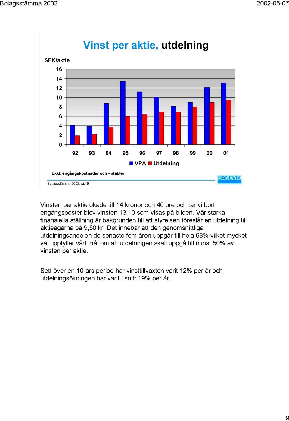 Vår starka finansiella ställning är bakgrunden till att styrelsen föreslår en utdelning till aktieägarna på 9,50 kr.