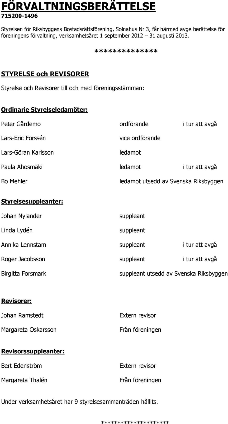 Karlsson vice ordförande ledamot Paula Ahosmäki ledamot i tur att avgå Bo Mehler ledamot utsedd av Svenska Riksbyggen Styrelsesuppleanter: Johan Nylander Linda Lydén suppleant suppleant Annika