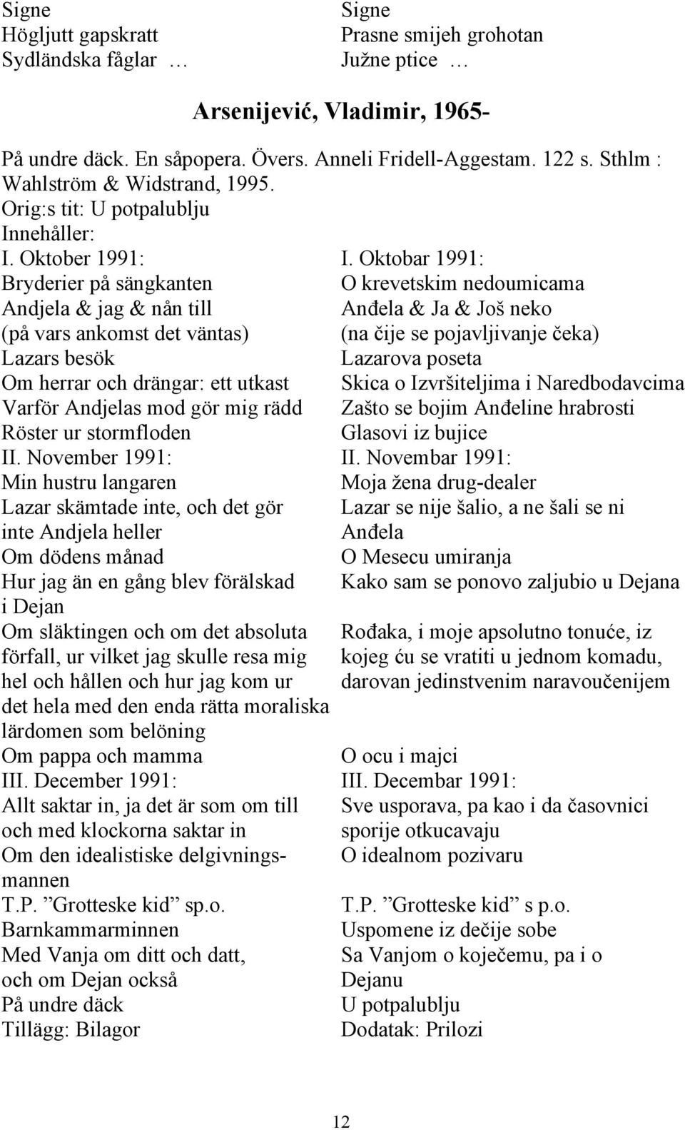 Oktobar 1991: Bryderier på sängkanten O krevetskim nedoumicama Andjela & jag & nån till Anđela & Ja & Još neko (på vars ankomst det väntas) (na čije se pojavljivanje čeka) Lazars besök Lazarova