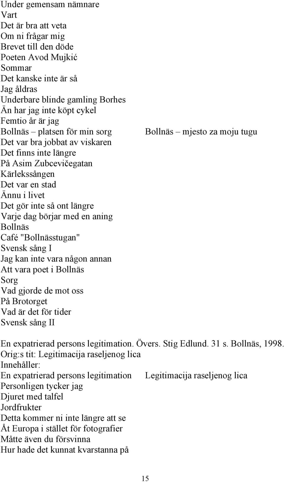 Varje dag börjar med en aning Bollnäs Café "Bollnässtugan" Svensk sång I Jag kan inte vara någon annan Att vara poet i Bollnäs Sorg Vad gjorde de mot oss På Brotorget Vad är det för tider Svensk sång