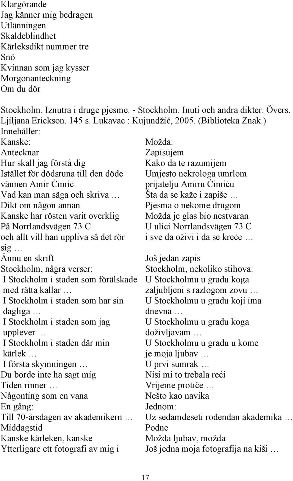 ) Kanske: Možda: Antecknar Zapisujem Hur skall jag förstå dig Kako da te razumijem Istället för dödsruna till den döde Umjesto nekrologa umrlom vännen Amir Ćimić prijatelju Amiru Ćimiću Vad kan man