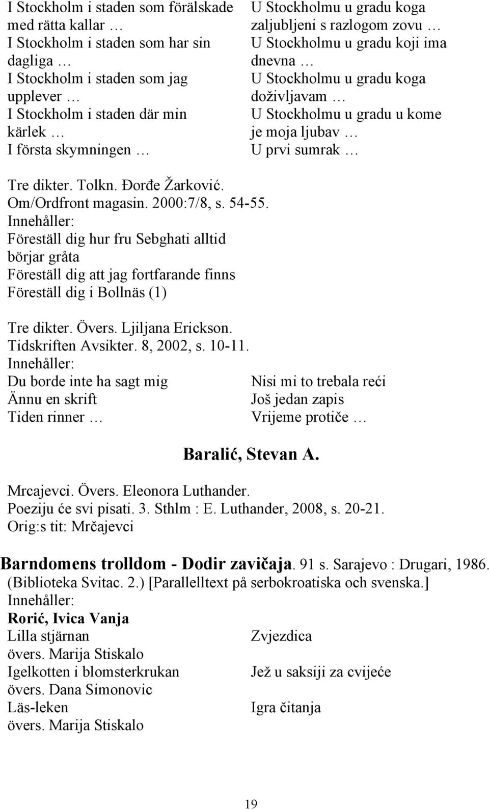 Tolkn. Đorđe Žarković. Om/Ordfront magasin. 2000:7/8, s. 54-55. Föreställ dig hur fru Sebghati alltid börjar gråta Föreställ dig att jag fortfarande finns Föreställ dig i Bollnäs (1) Tre dikter.