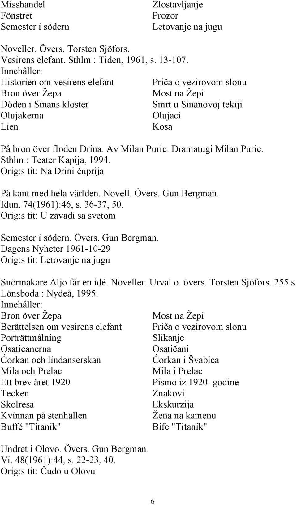 Dramatugi Milan Puric. Sthlm : Teater Kapija, 1994. Orig:s tit: Na Drini ćuprija På kant med hela världen. Novell. Övers. Gun Bergman. Idun. 74(1961):46, s. 36-37, 50.