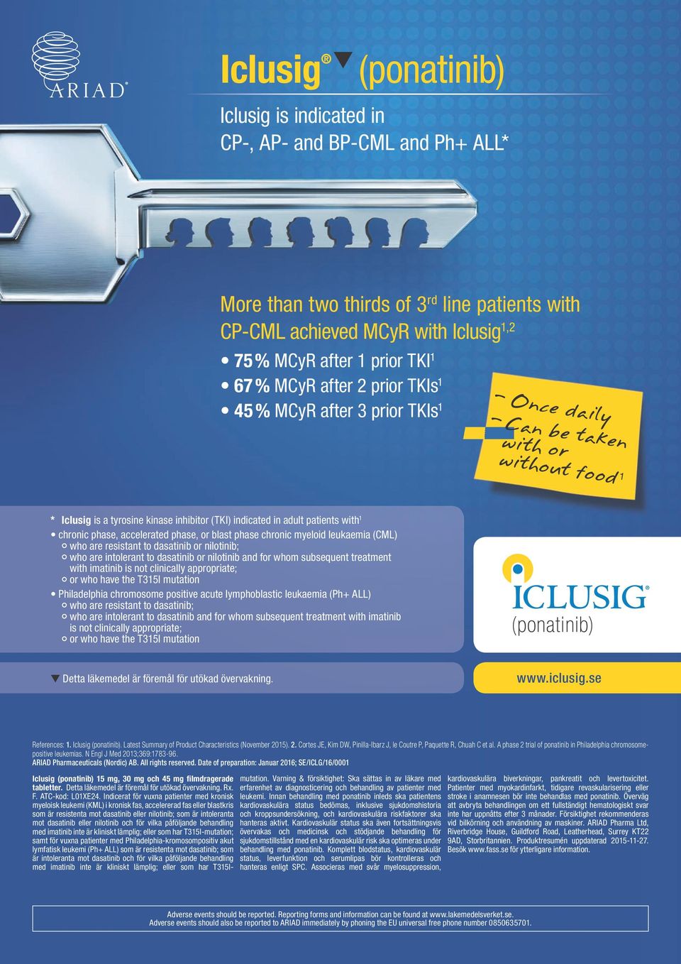 phase, accelerated phase, or blast phase chronic myeloid leukaemia (CML) who are resistant to dasatinib or nilotinib; who are intolerant to dasatinib or nilotinib and for whom subsequent treatment