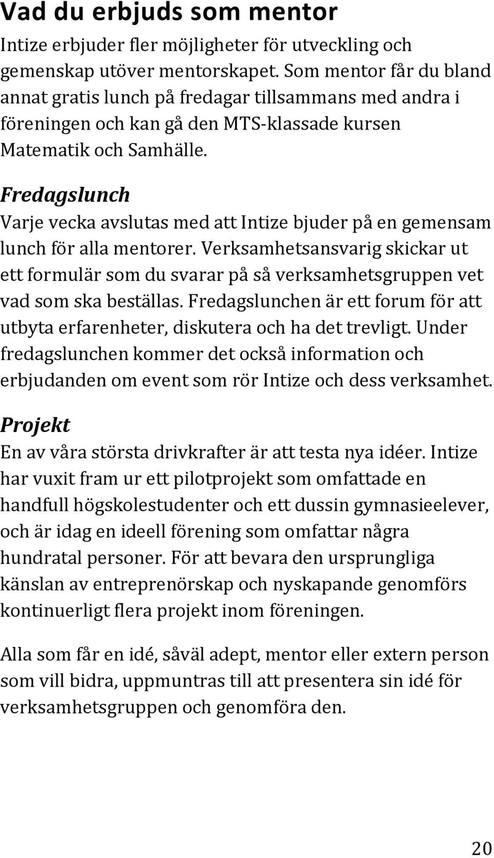 Fredagslunch Varje vecka avslutas med att Intize bjuder på en gemensam lunch för alla mentorer.