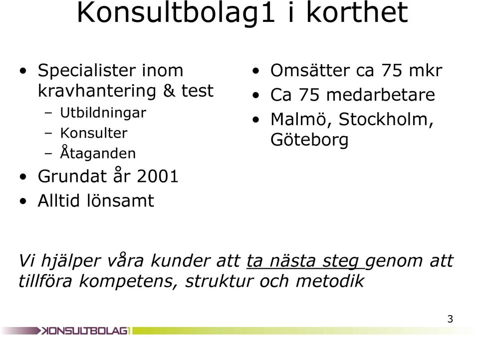Omsätter ca 75 mkr Ca 75 medarbetare Malmö, Stockholm, Göteborg Vi