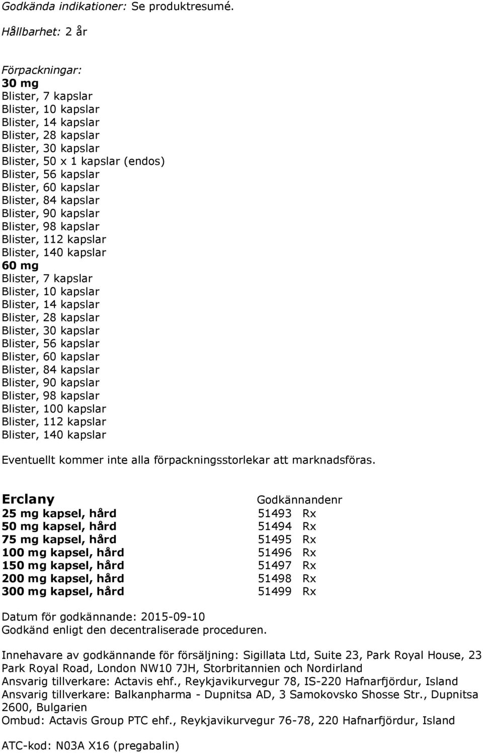 kapslar Blister, 60 kapslar Blister, 84 kapslar Blister, 90 kapslar Blister, 98 kapslar Blister, 100 kapslar Blister, 112 kapslar Blister, 140 kapslar Erclany 25 mg kapsel, hård 51493 Rx 50 mg