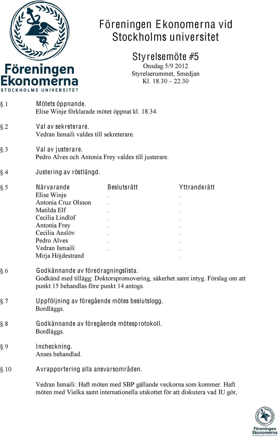 .5 Närvarande Beslutsrätt Yttranderätt Elise Winje.. Antonia Cruz Olsson.. Matilda Elf.. Cecilia Lindlöf.. Antonia Frey.. Cecilia Anslöv.. Pedro Alves.. Vedran Ismaili.. Mirja Höjdestrand.