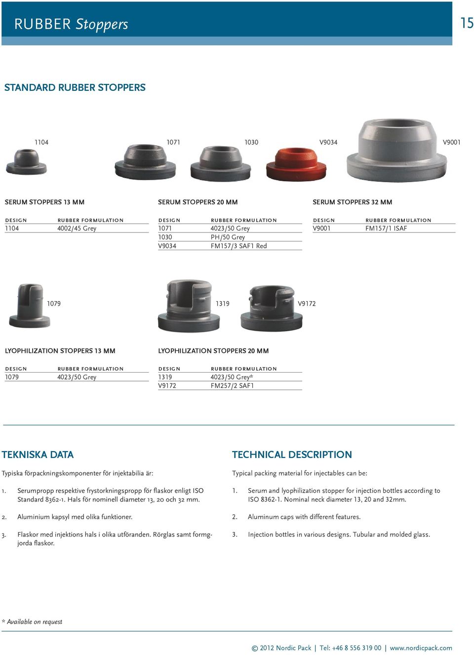 Grey LYOPHILIZATION STOPPERS 20 MM design rubber formulation 1319 4023/50 Grey* V9172 FM257/2 SAF1 TEKNISKA DATA Typiska förpackningskomponenter för injektabilia är: TECHNICAL DESCRIPTION Typical