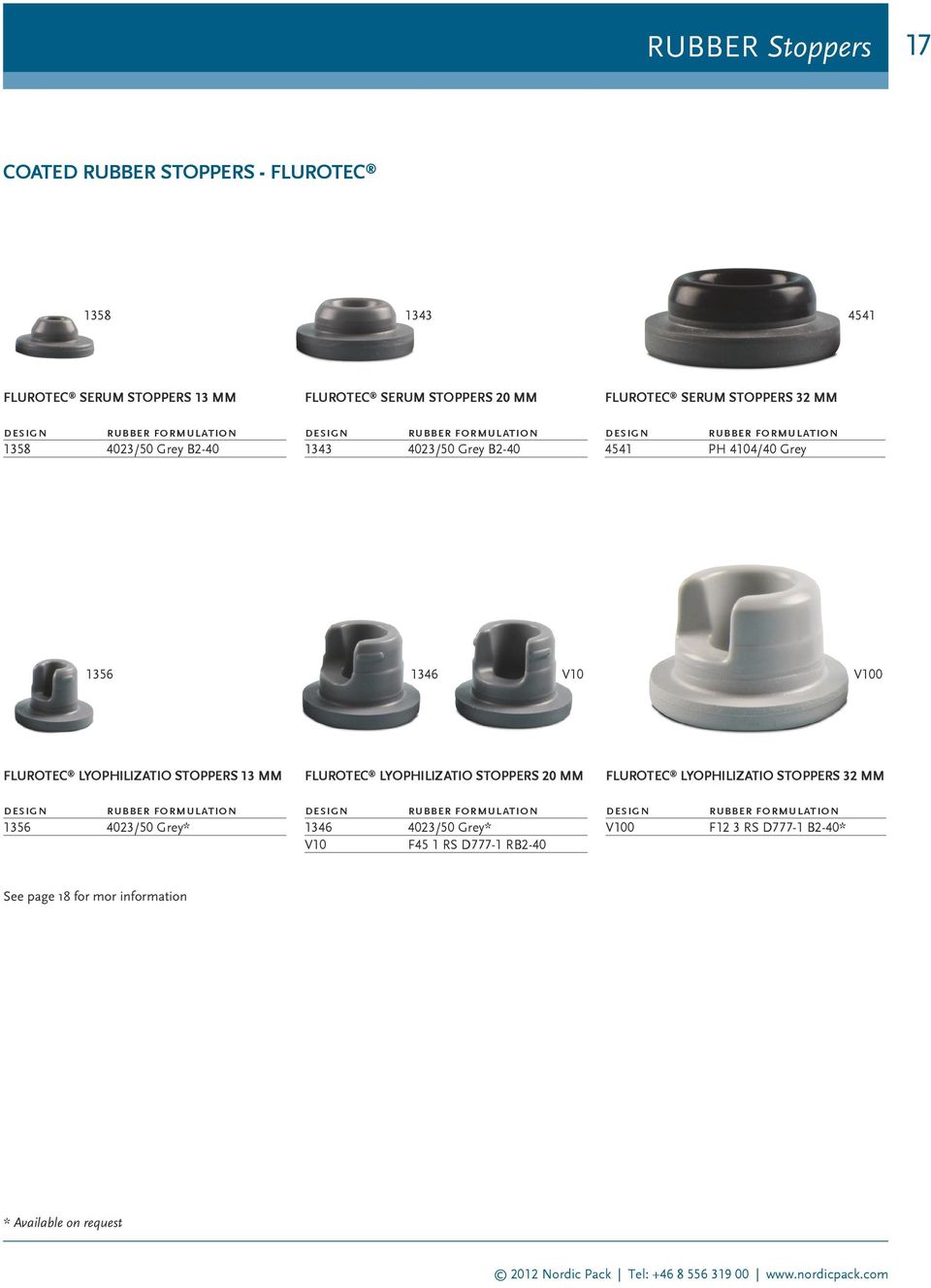 FLUROTEC LYOPHILIZATIO STOPPERS 13 MM FLUROTEC LYOPHILIZATIO STOPPERS 20 MM FLUROTEC LYOPHILIZATIO STOPPERS 32 MM design rubber formulation 1356 4023/50 Grey* design