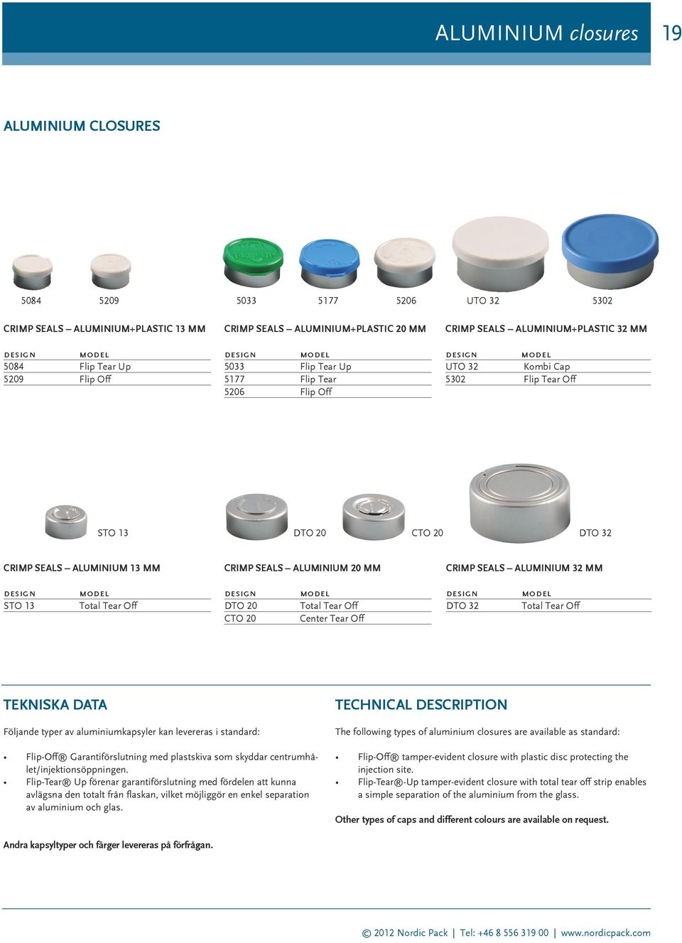 MM CRIMP SEALS ALUMINIUM 20 MM CRIMP SEALS ALUMINIUM 32 MM design STO 13 model Total Tear Off design DTO 20 CTO 20 model Total Tear Off Center Tear Off design DTO 32 model Total Tear Off TEKNISKA