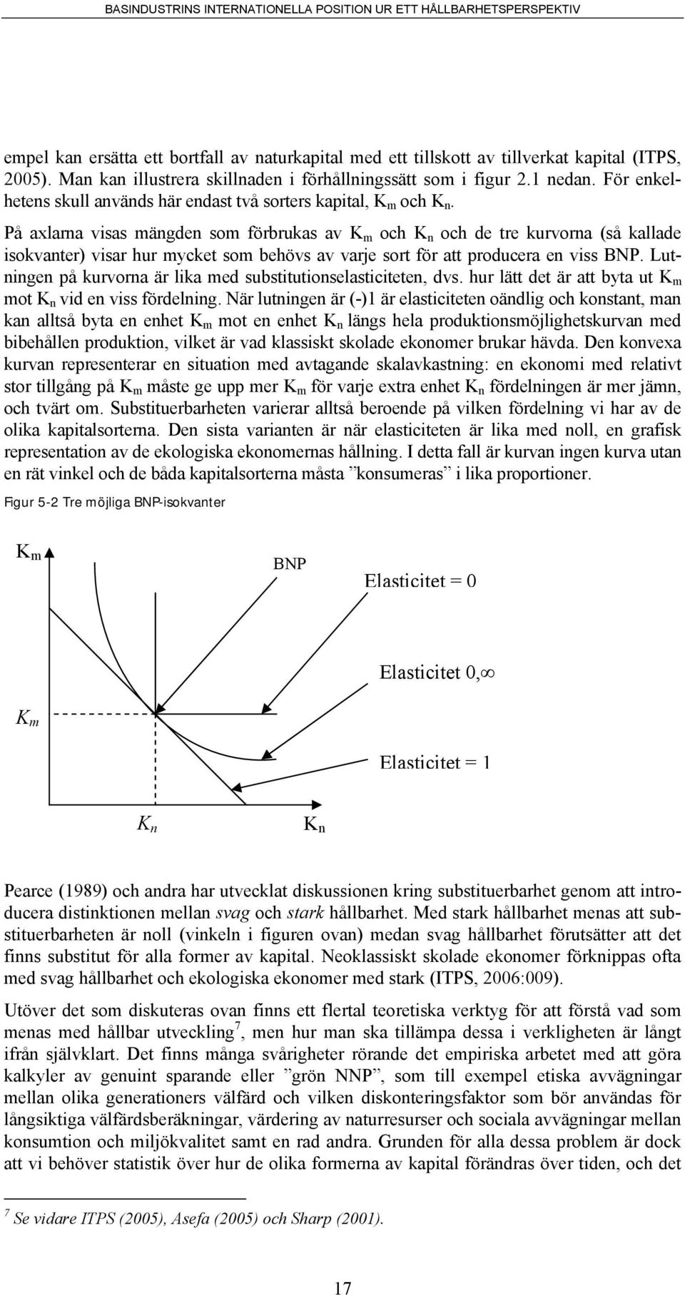 På axlarna visas mängden som förbrukas av K m och K n och de tre kurvorna (så kallade isokvanter) visar hur mycket som behövs av varje sort för att producera en viss BNP.