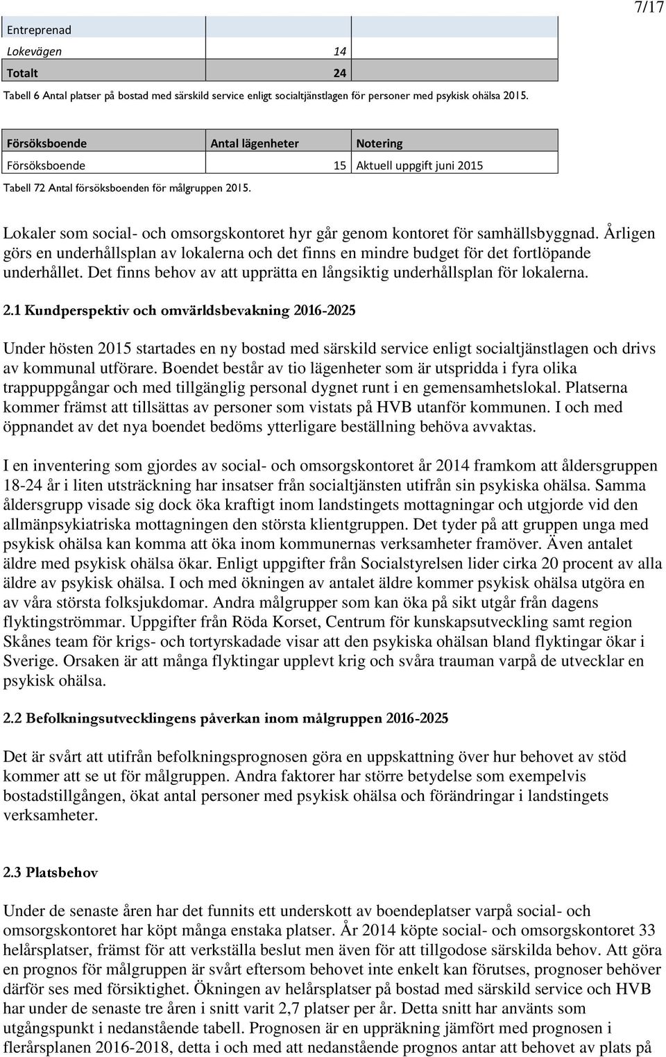 Lokaler som social- och omsorgskontoret hyr går genom kontoret för samhällsbyggnad. Årligen görs en underhållsplan av lokalerna och det finns en mindre budget för det fortlöpande underhållet.