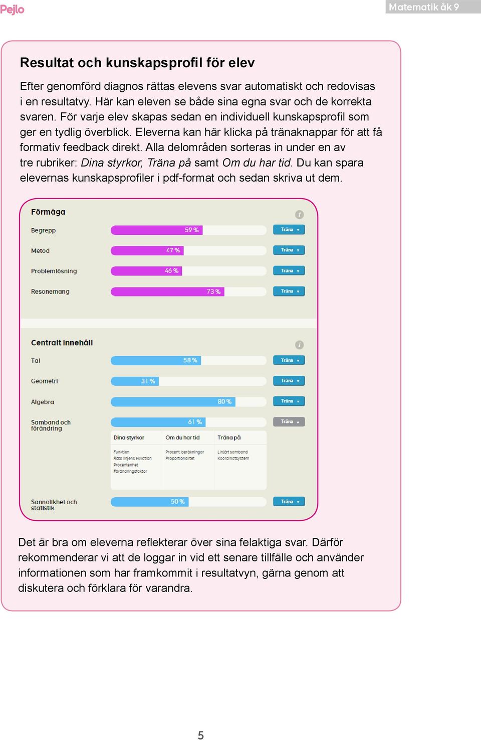 Alla delområden sorteras in under en av tre rubriker: Dina styrkor, Träna på samt Om du har tid. Du kan spara elevernas kunskapsprofiler i pdf-format och sedan skriva ut dem.