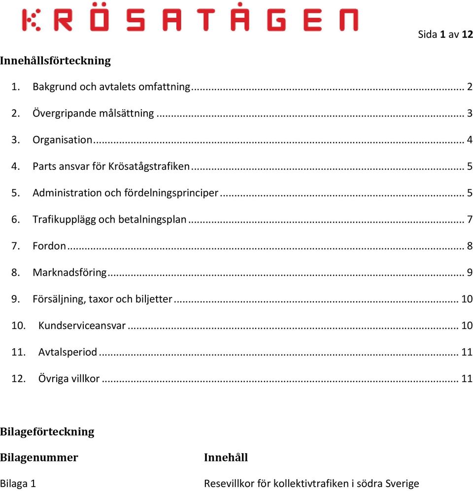 Fordon... 8 8. Marknadsföring... 9 9. Försäljning, taxor och biljetter... 10 10. Kundserviceansvar... 10 11. Avtalsperiod... 11 12.