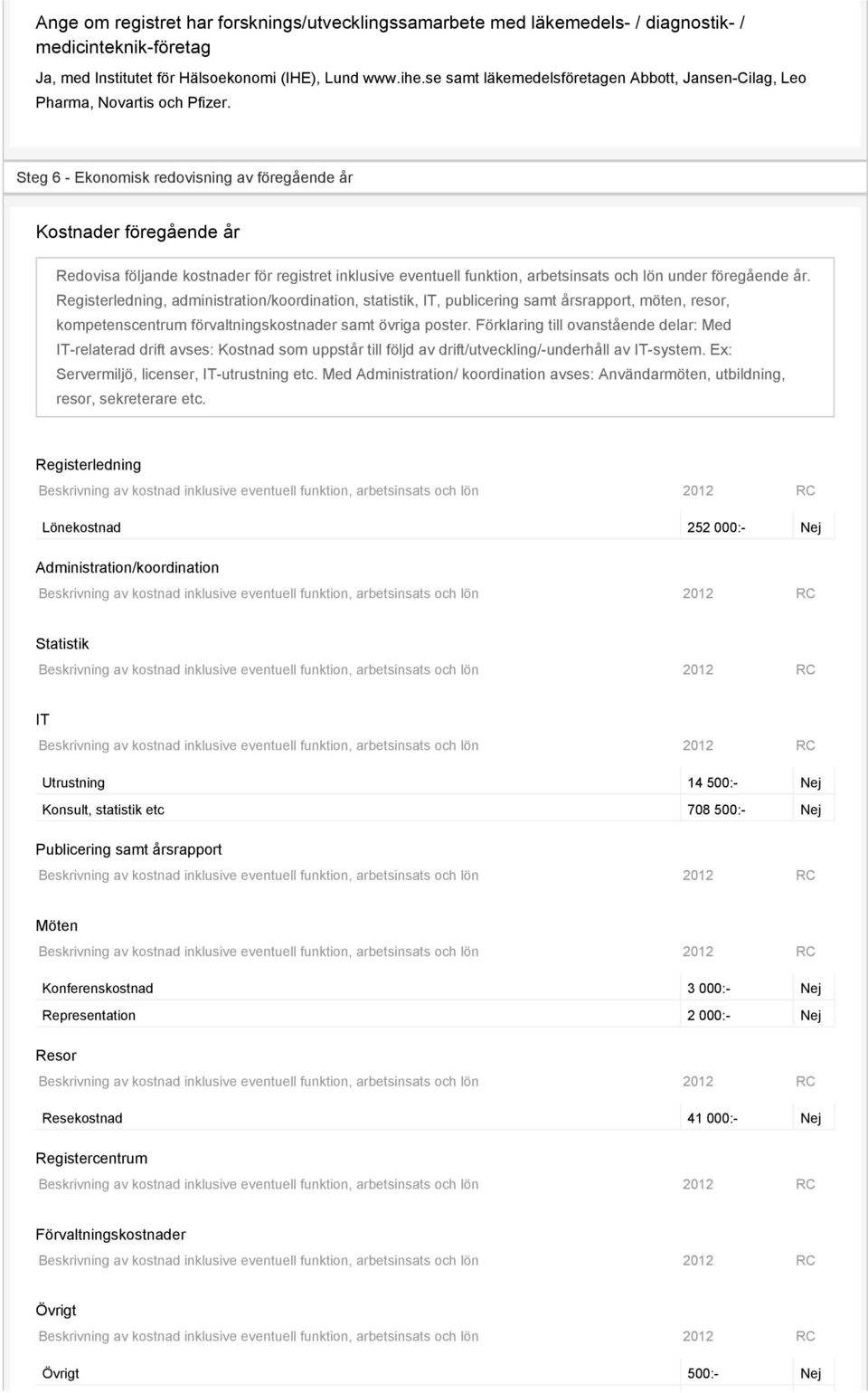 Steg 6 - Ekonomisk redovisning av föregående år Kostnader föregående år Redovisa följande kostnader för registret inklusive eventuell funktion, arbetsinsats och lön under föregående år.