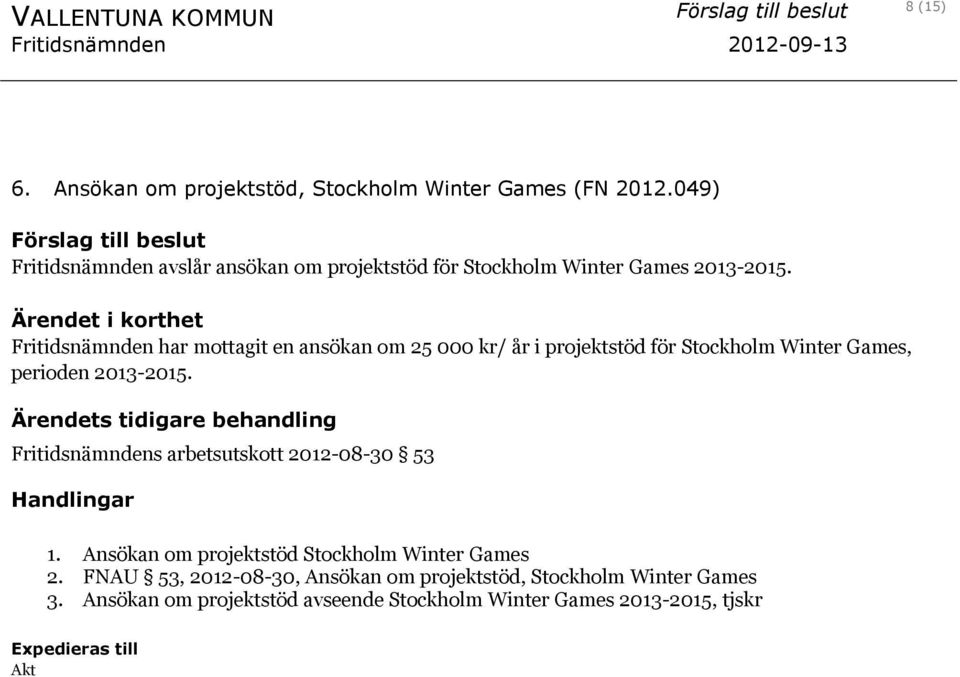 Fritidsnämnden har mottagit en ansökan om 25 000 kr/ år i projektstöd för Stockholm Winter Games, perioden 2013-2015.