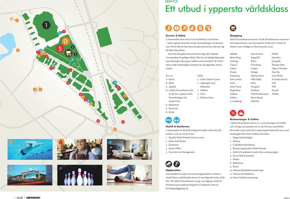 Här har du härliga löparspår runt Råstasjön, flera gym, badhus och tennishall. Så vill du träna under arbetsdagen kommer du att uppskatta Arena staden. D A B C 7 8 E 9 F 0 Service A. Kiosk B. Bank C.