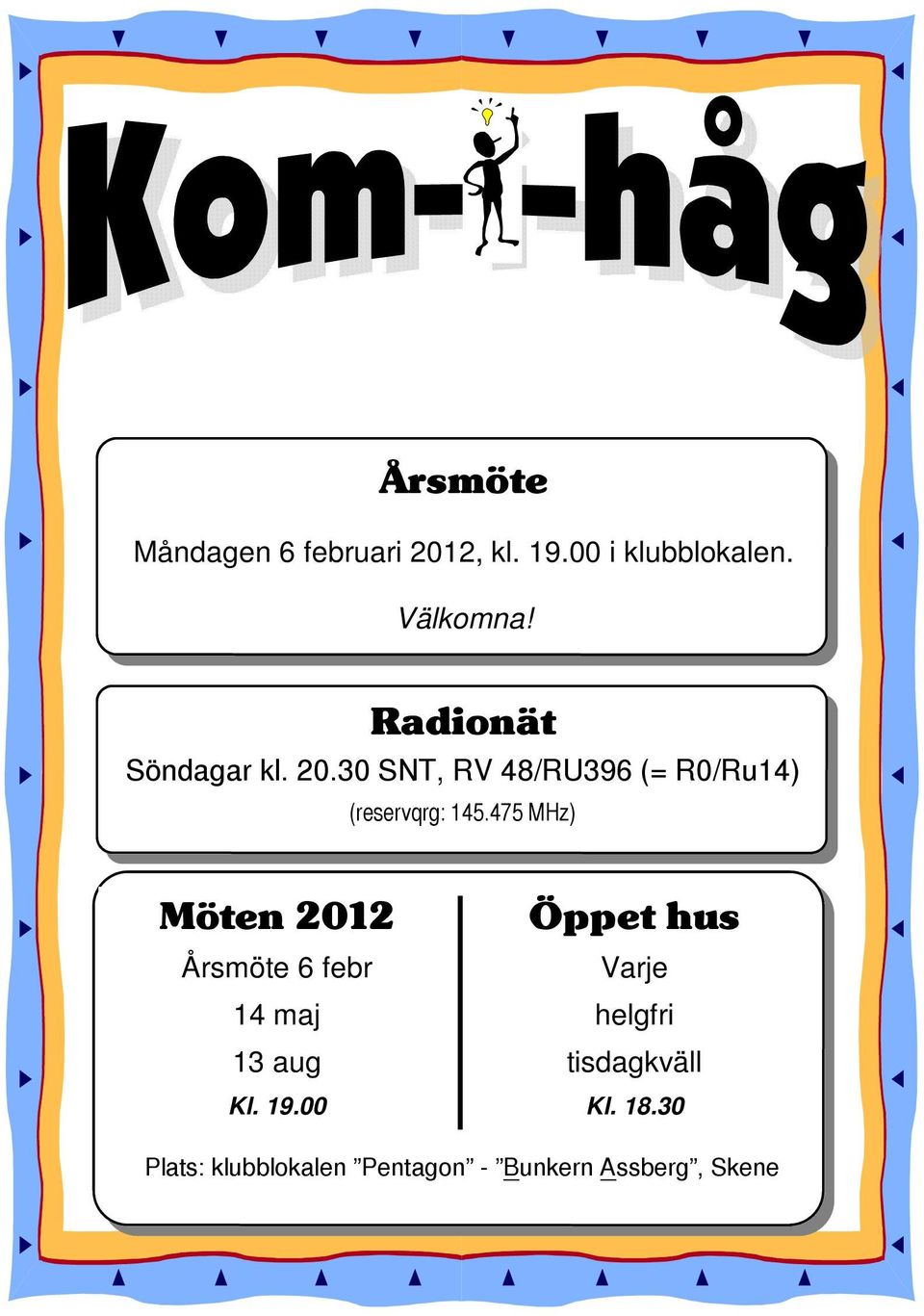 475 MHz) Möten 2012 Öppet hus Årsmöte 6 febr Varje 14 maj helgfri 13 aug