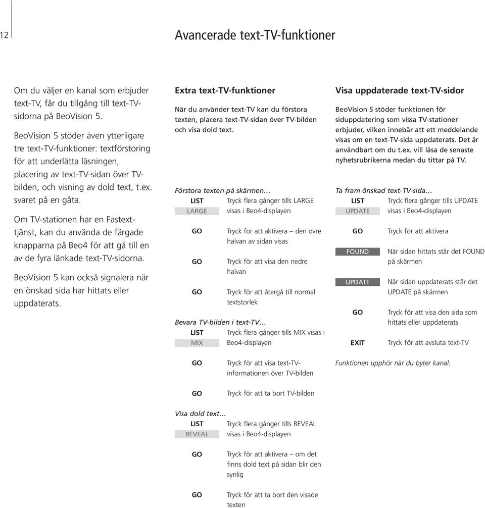 Om TV-stationen har en Fastexttjänst, kan du använda de färgade knapparna på Beo4 för att gå till en av de fyra länkade text-tv-sidorna.