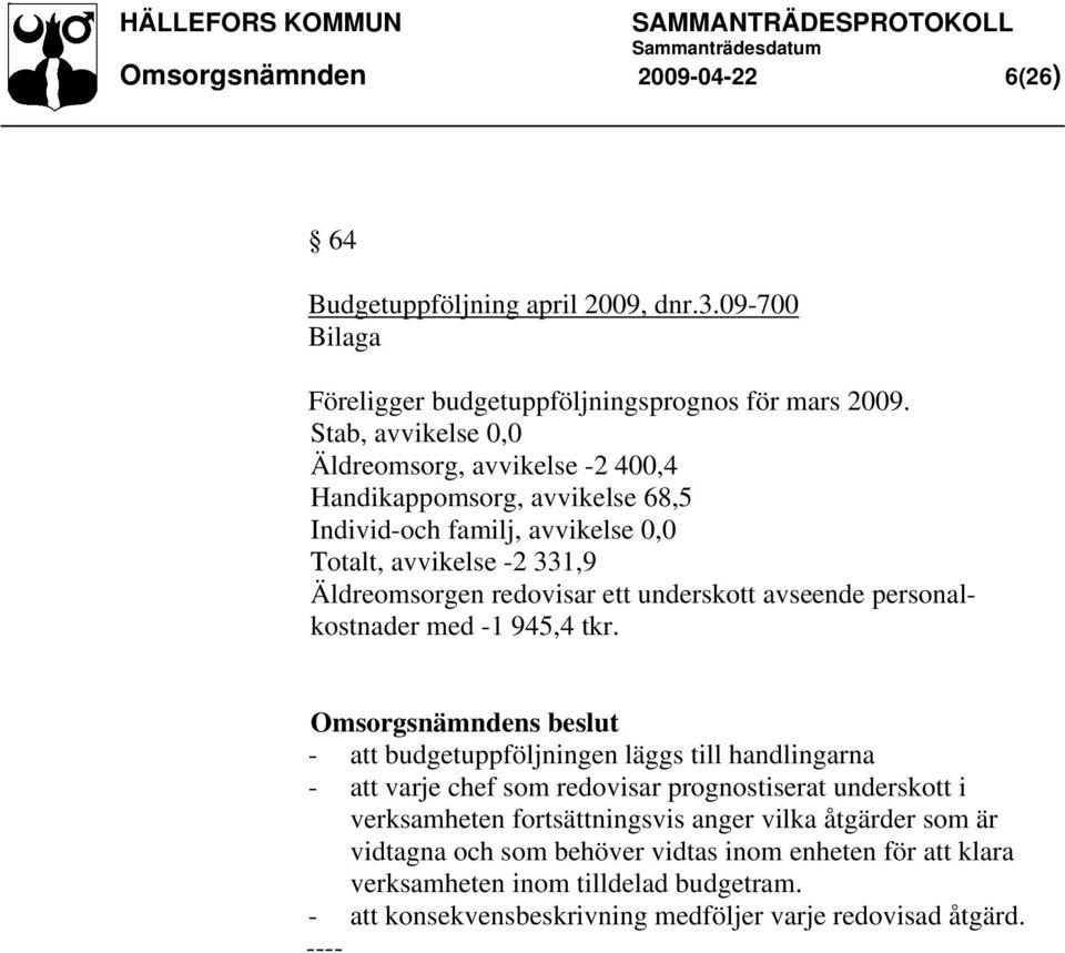 underskott avseende personalkostnader med -1 945,4 tkr.