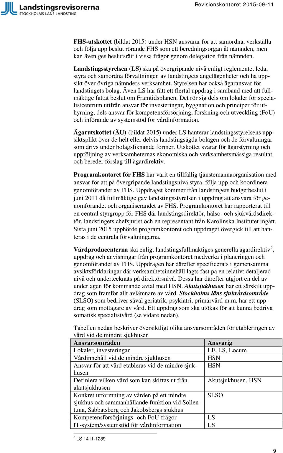 Landstingsstyrelsen (LS) ska på övergripande nivå enligt reglementet leda, styra och samordna förvaltningen av landstingets angelägenheter och ha uppsikt över övriga nämnders verksamhet.