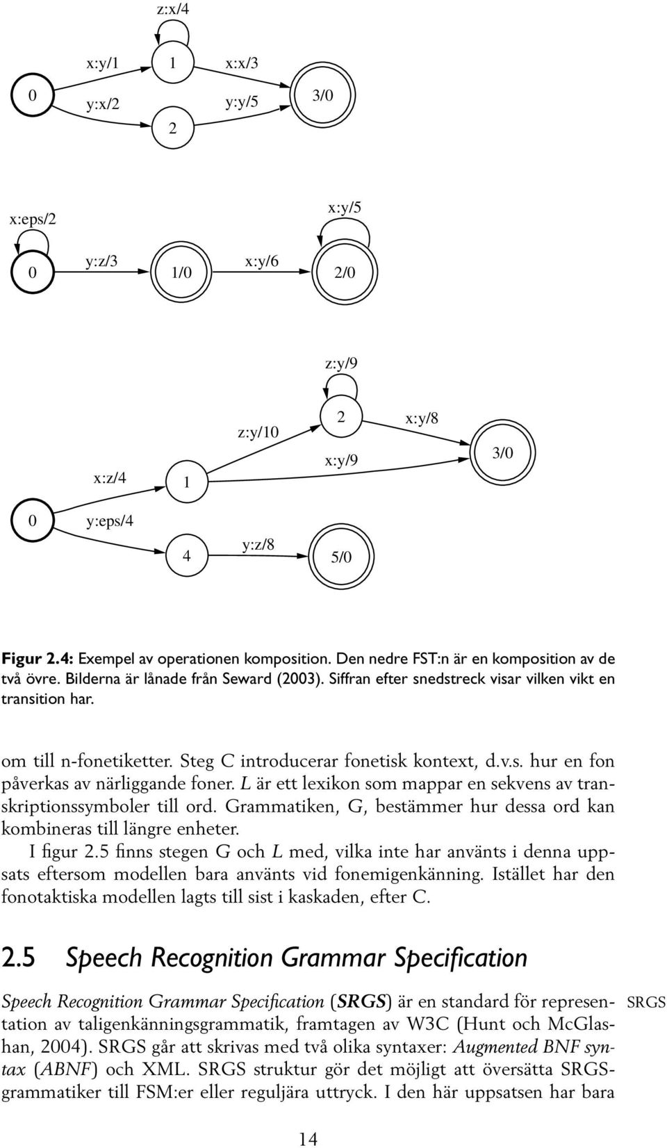 Steg C introducerar fonetisk kontext, d.v.s. hur en fon påverkas av närliggande foner. L är ett lexikon som mappar en sekvens av transkriptionssymboler till ord.