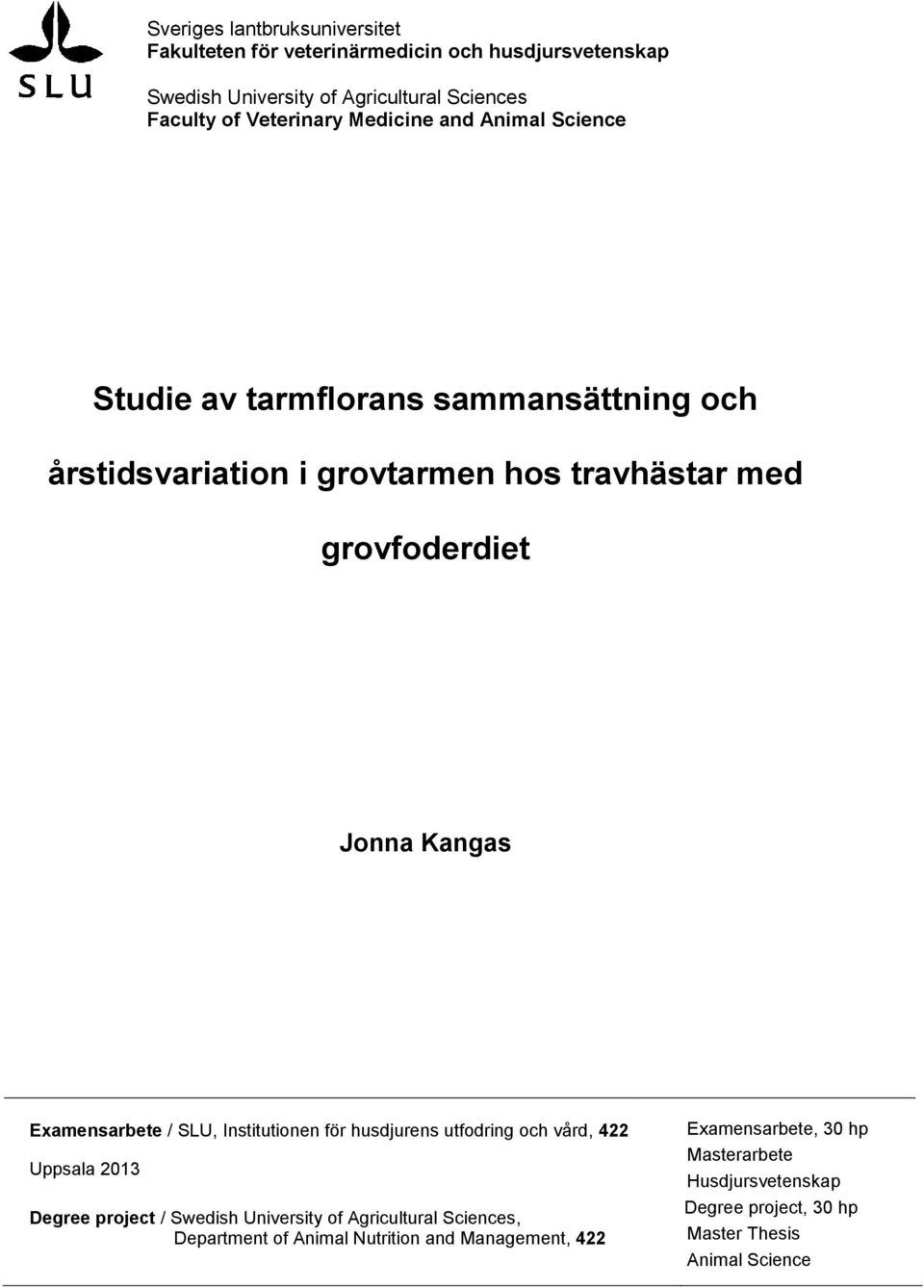 Examensarbete / SLU, Institutionen för husdjurens utfodring och vård, 422 Uppsala 2013 Degree project / Swedish University of Agricultural Sciences,