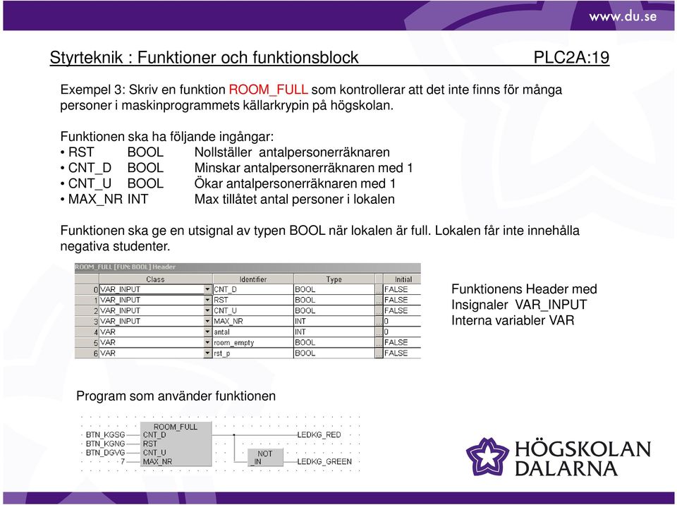 Funktionen ska ha följande ingångar: RST BOOL Nollställer antalpersonerräknaren CNT_D BOOL Minskar antalpersonerräknaren med 1 CNT_U BOOL Ökar