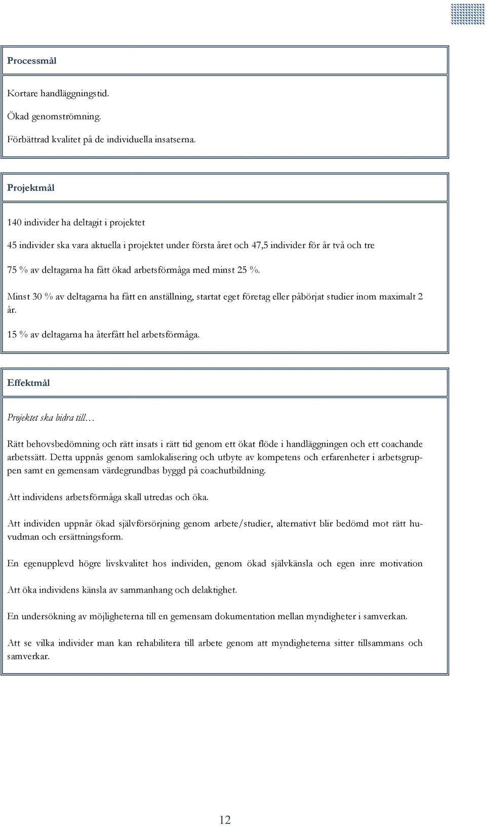 minst 25 %. Minst 30 % av deltagarna ha fått en anställning, startat eget företag eller påbörjat studier inom maximalt 2 år. 15 % av deltagarna ha återfått hel arbetsförmåga.