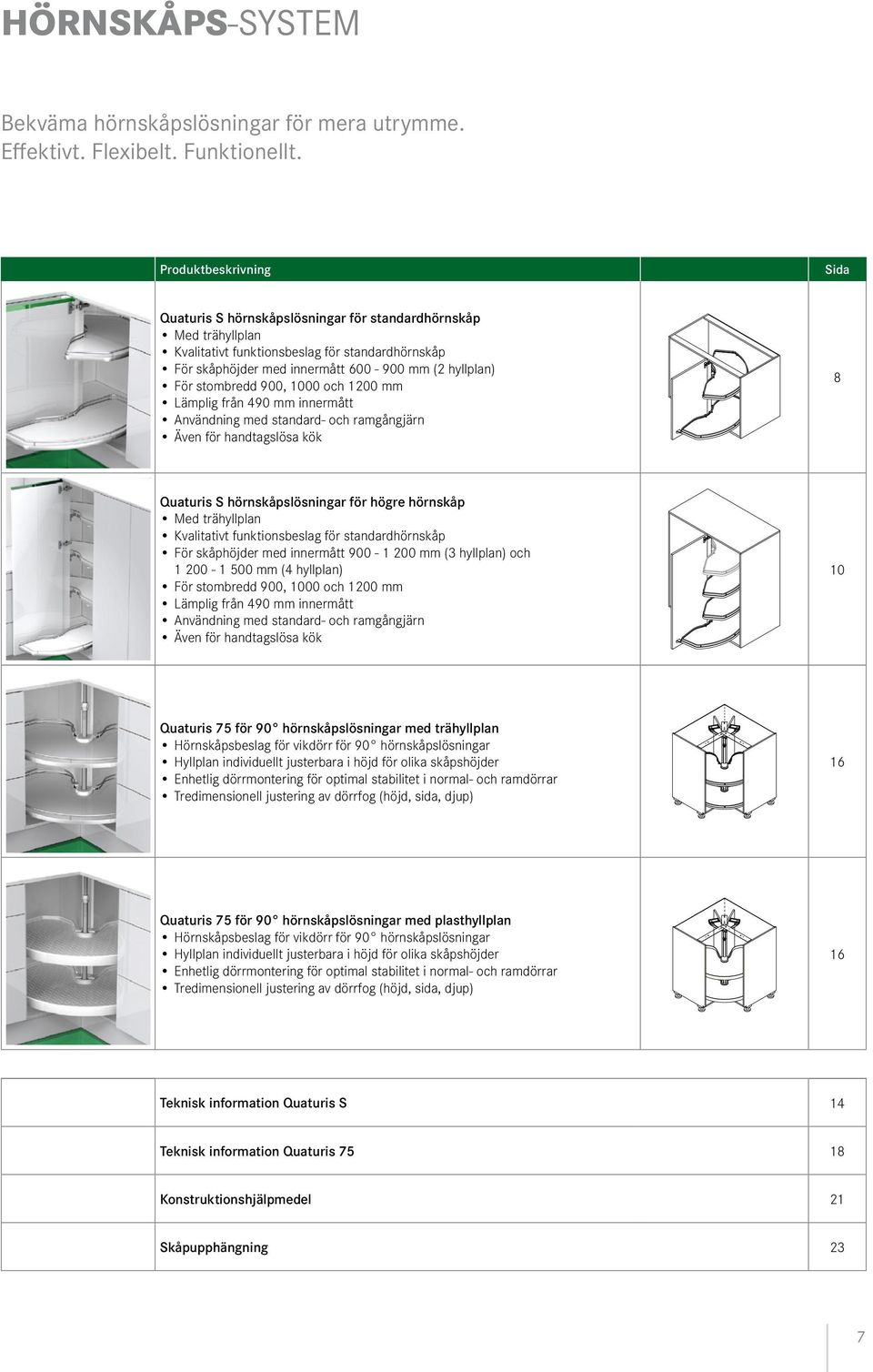 hyllplan) För stombredd 900, 1000 och 1200 mm Lämplig från 490 mm innermått Användning med standard- och ramgångjärn Även för handtagslösa kök 8 Quaturis S hörnskåpslösningar för högre hörnskåp Med