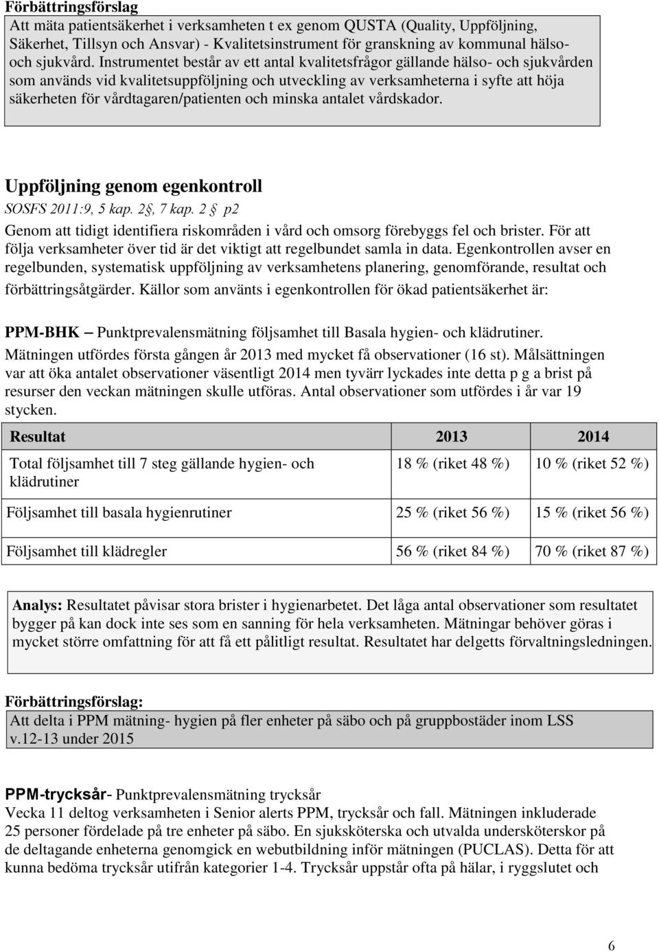 vårdtagaren/patienten och minska antalet vårdskador. Uppföljning genom egenkontroll SOSFS 2011:9, 5 kap. 2, 7 kap.