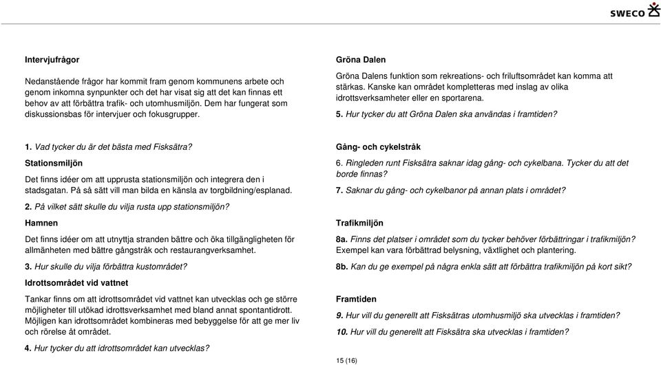 Kanske kan området kompletteras med inslag av olika idrottsverksamheter eller en sportarena. 5. Hur tycker du att Gröna Dalen ska användas i framtiden? 1. Vad tycker du är det bästa med Fisksätra?