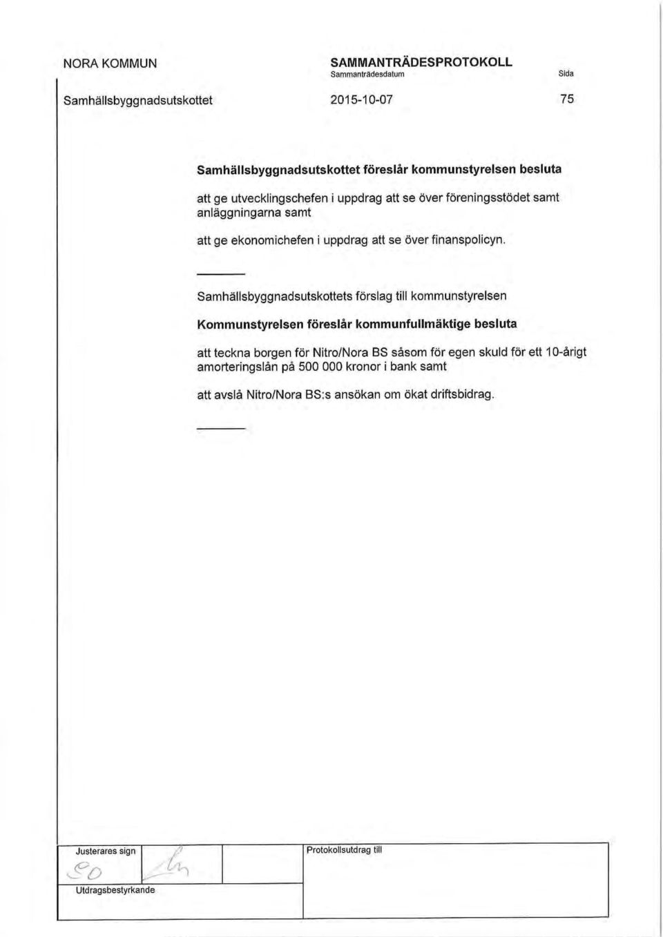 Samhällsbyggnadsutskottets förslag till kommunstyrelsen Kommunstyrelsen föreslår kommunfullmäktige besluta att teckna borgen för Nitro/Nora BS såsom