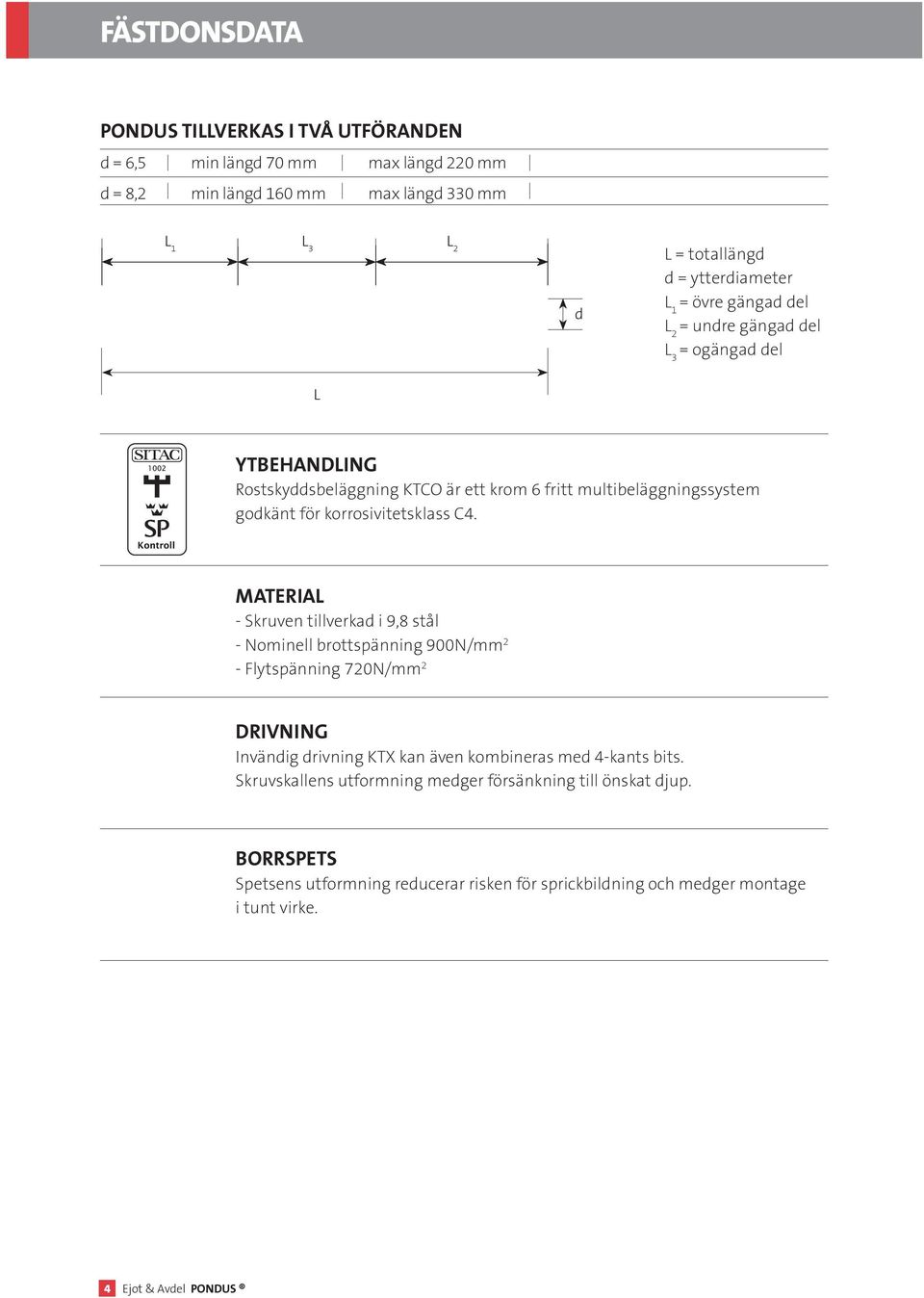 MATERIAL - Skruven tillverkad i 9,8 stål - Nominell brottspänning 900N/mm 2 - Flytspänning 720N/mm 2 drivning Invändig drivning KTX kan även kombineras med 4-kants bits.