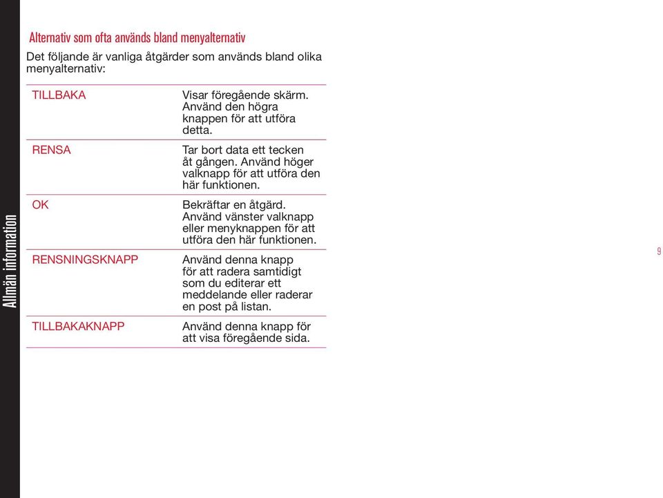 Allmän information OK RENSNINGSKNAPP Bekräftar en åtgärd. Använd vänster valknapp eller menyknappen för att utföra den här funktionen.