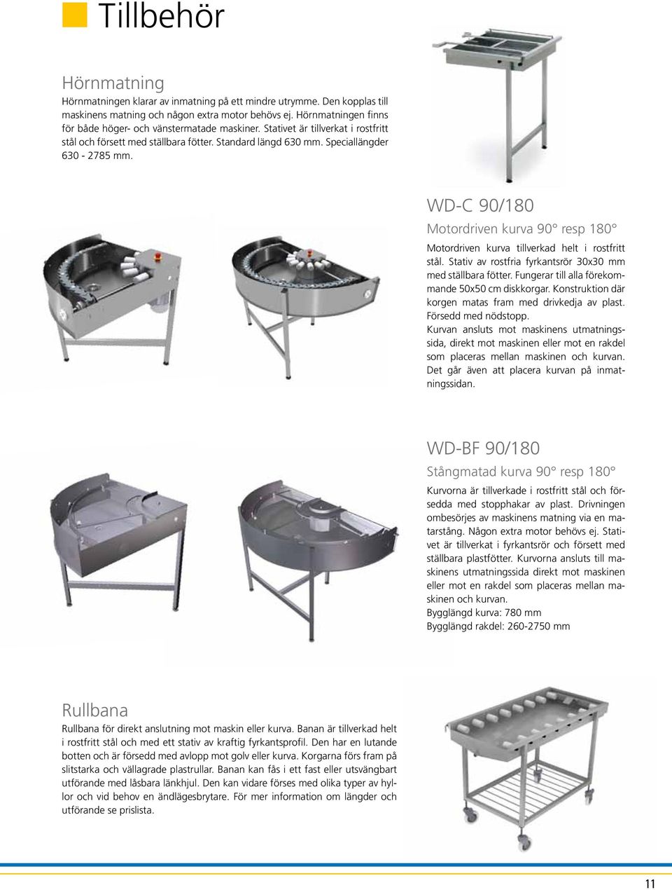 WD-C 90/180 Motordriven kurva 90 resp 180 Motordriven kurva tillverkad helt i rostfritt stål. Stativ av rostfria fyrkantsrör 30x30 mm med ställbara fötter.