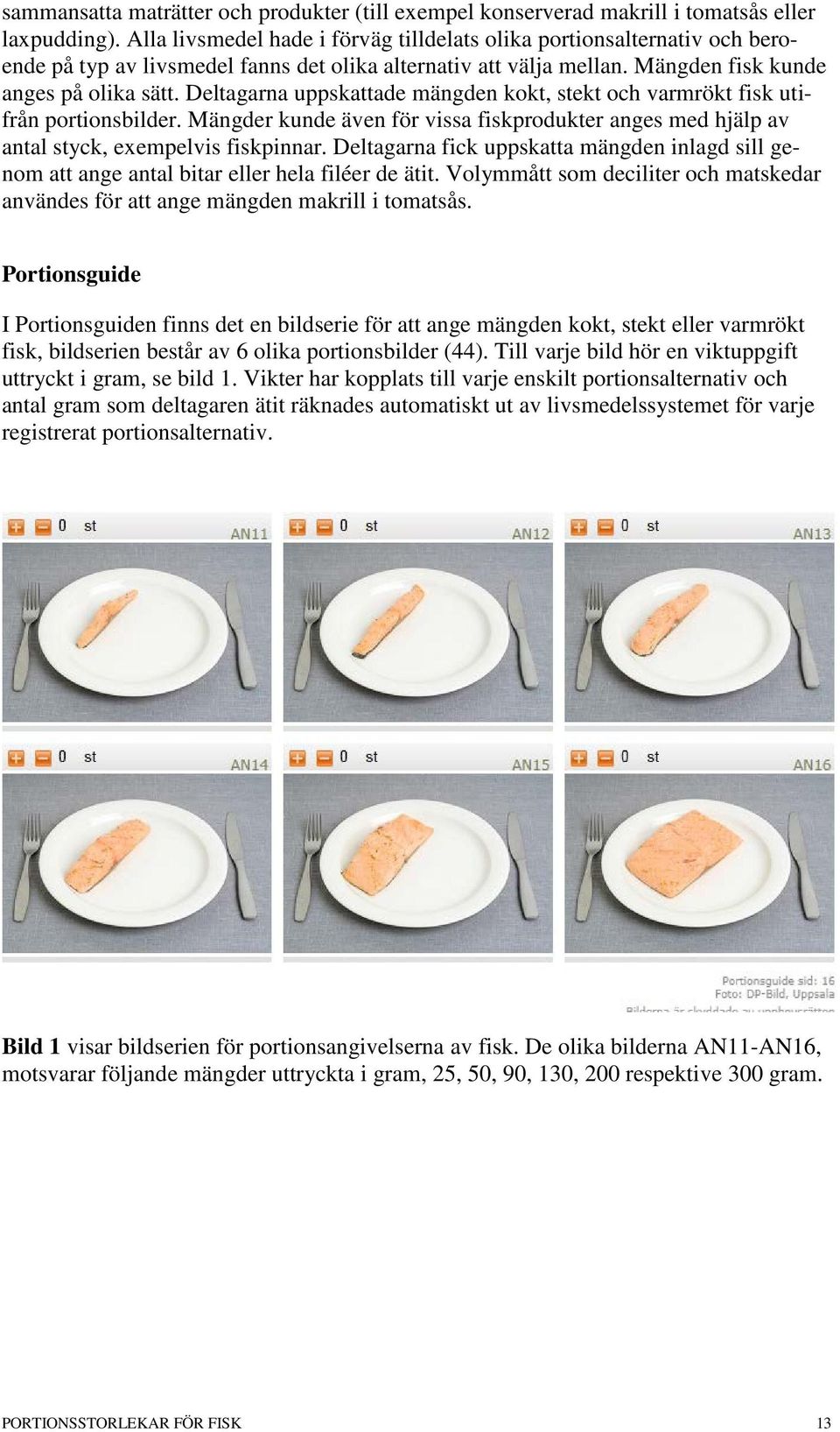 Deltagarna uppskattade mängden kokt, stekt och varmrökt fisk utifrån portionsbilder. Mängder kunde även för vissa fiskprodukter anges med hjälp av antal styck, exempelvis fiskpinnar.