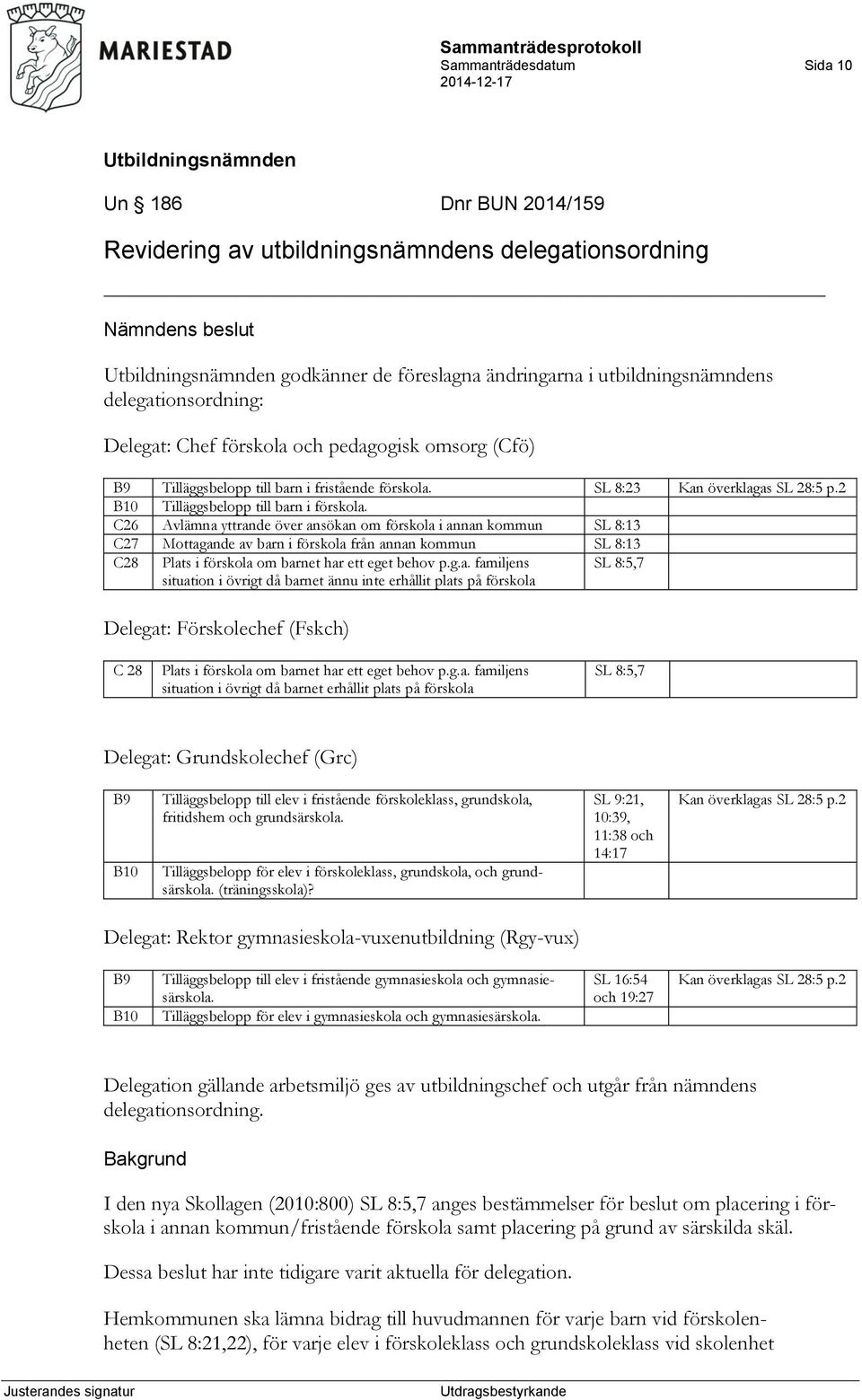 C26 Avlämna yttrande över ansökan om förskola i annan kommun SL 8:13 C27 Mottagande av barn i förskola från annan kommun SL 8:13 C28 Plats i förskola om barnet har ett eget behov p.g.a. familjens situation i övrigt då barnet ännu inte erhållit plats på förskola SL 8:5,7 Delegat: Förskolechef (Fskch) C 28 Plats i förskola om barnet har ett eget behov p.