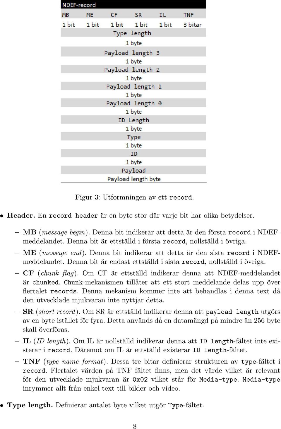 Denna bit indikerar att detta är den sista record i NDEFmeddelandet. Denna bit är endast ettställd i sista record, nollställd i övriga. CF (chunk flag).